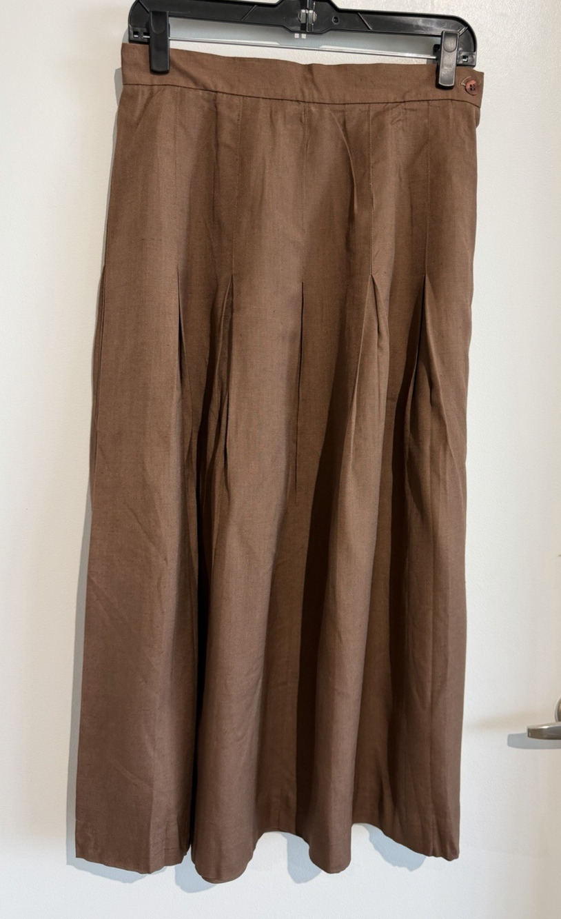 Vintage Talbots Camel brown Pleated Midi Skirt Linen blend Made In USA Size-10